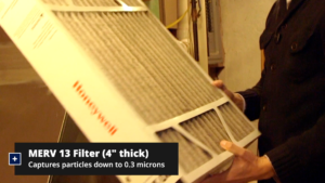 Screencap of filter with caption MERV 13 Filter 4 inches thick captures particles down to .3 microns