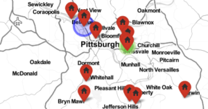A map of Pittsburg with eleven red house icons 