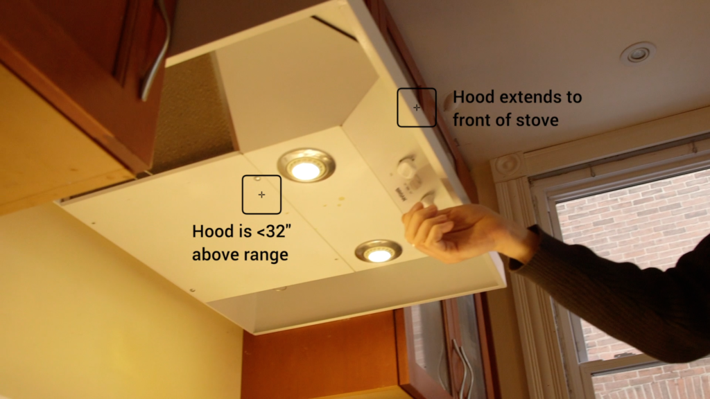 Range Hood; Installation guide image showing hood extending to front of stove and 32 inches or less above range