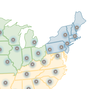 US Particle Pollution Data - on a map from Maine to Minnesota and down to Georgia with a dot in each state
