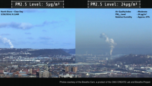 two side by side images of a city showing different particle pollution levels