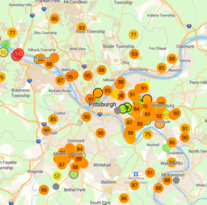 Map of Pittsburgh with orange markers