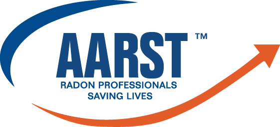 AARST logo with a two-tone blue and orange swooping arrow. Text: Radon Professionals Saving Lives