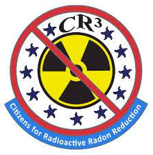Logo with radioactive symbol surrounded by stars covered by a red bar. Citizens for Radioactive Radon Reduction
