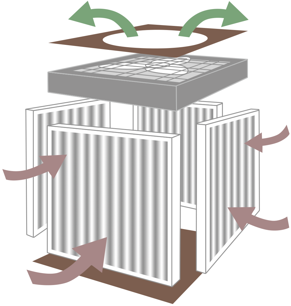 Graphic showing the assembly of four filters and a box fan