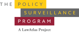 The Policy Surveillance Program. A LawAtlas Project. Words on blocks of yellow, grey, and burgundy.