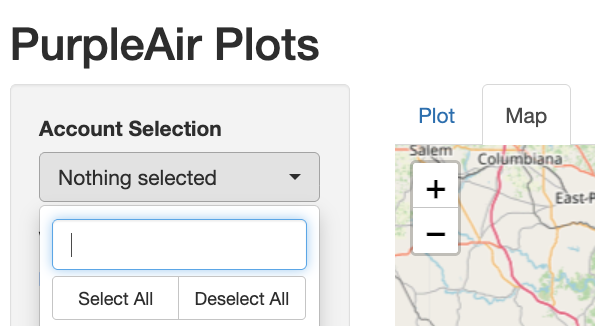 Screenshot of the PurpleAirPlots Account Selection dropdown menu