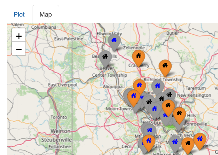 PurpleAirPlots map with several locations selected, their place markers turned orange