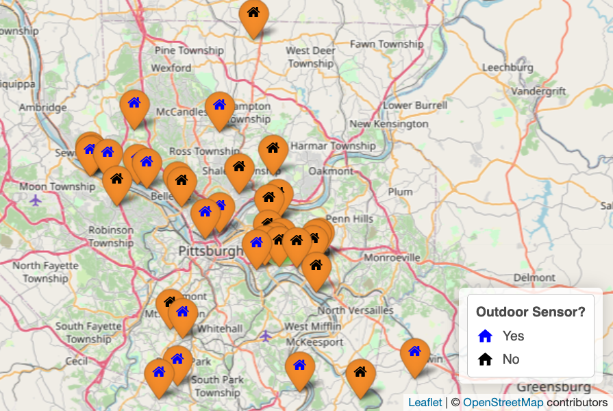 Map showing PurpleAir locations as orange placemarkers, coded for indoor and outdoor setup.