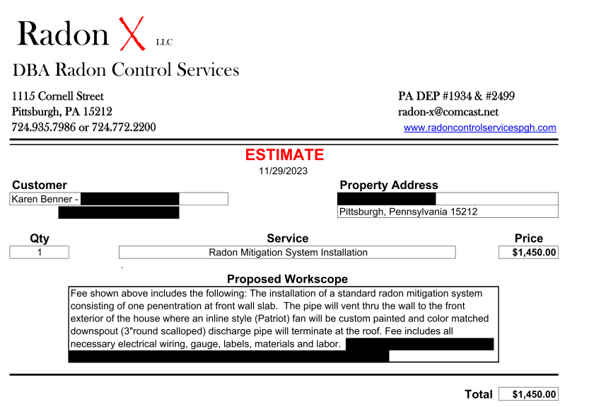 Digital document showing the radon mitigation proposal sent by Radon X with a total cost of $1450