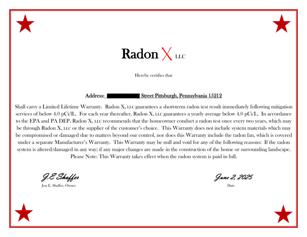 Digital document, warranty for radon mitigation system from Radon X